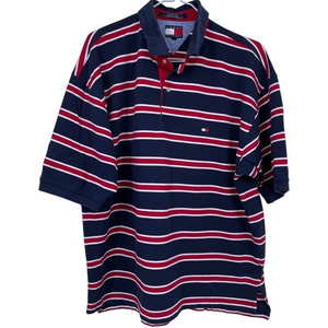 Vintage‎ 90s Tommy Hilfiger Striped Polo Shirt XL Navy Blue & Red Cotton Vtg